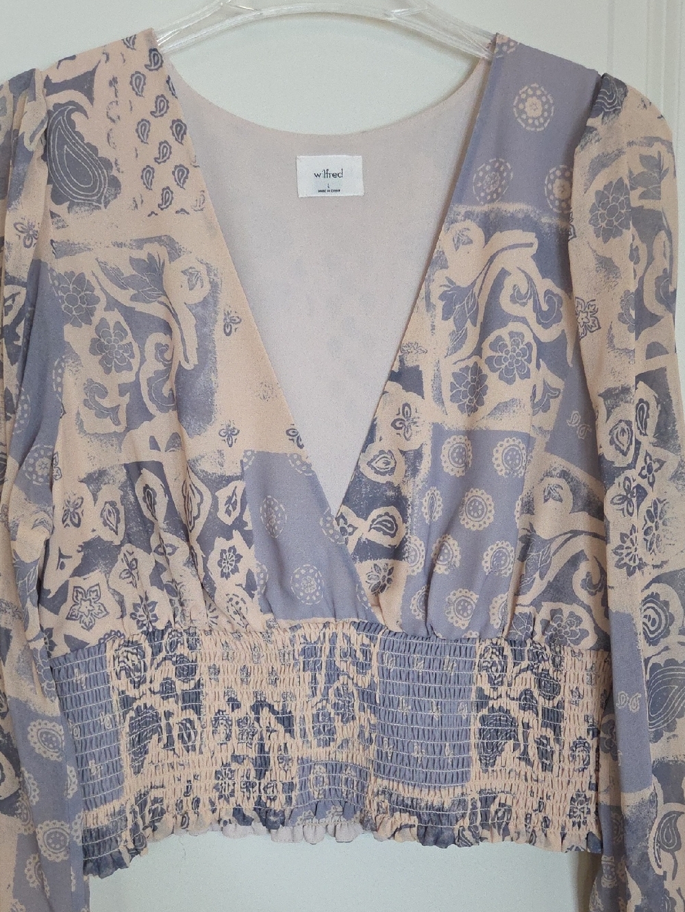 Wilfred Lavender and Cream V-Neck Smocked Waist Blouse